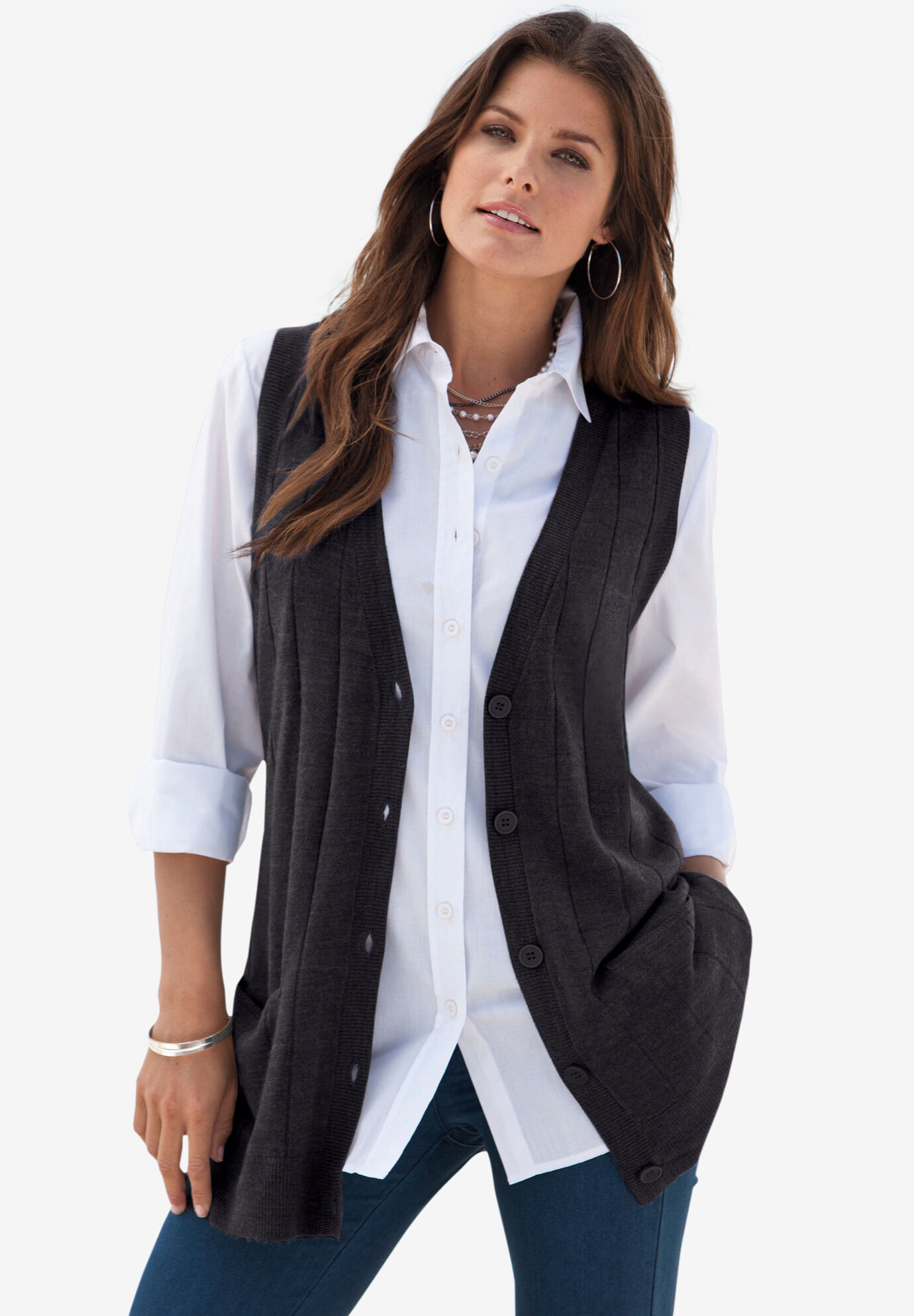 Fine Gauge Drop Needle Sweater Vest | OneStopPlus