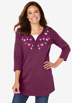 7-Day Layered-Look Embroidered Henley Tunic