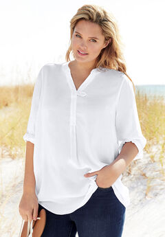 Womens Button Down Shirts Official Formal 3/4 Sleeve White Stretch